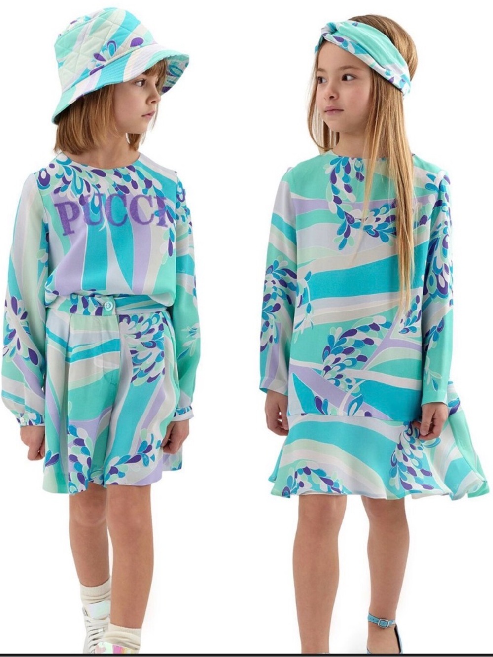 Emilio Pucci Girls' Aqua, Turquoise & Lavender Floral Wave Dress
